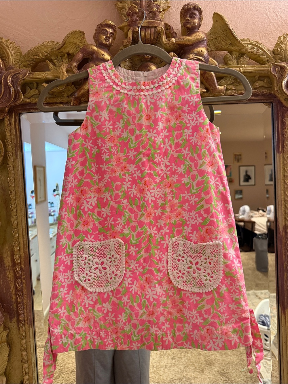 Lilly Pulitzer Pink Floral Dress with White Crochet Trim